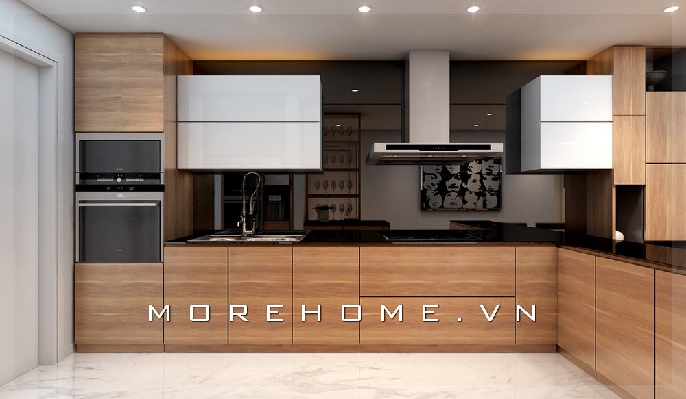 Mẫu tủ bếp gỗ công nghiệp tông màu nâu sáng, mặt tủ ốp đá bếp màu đen cao cấp mang đến căn bếp sạch sẽ và tiện nghi nhất cho người nội trợ Tủ bếp đẹp, sang trọng và đẳng cấp