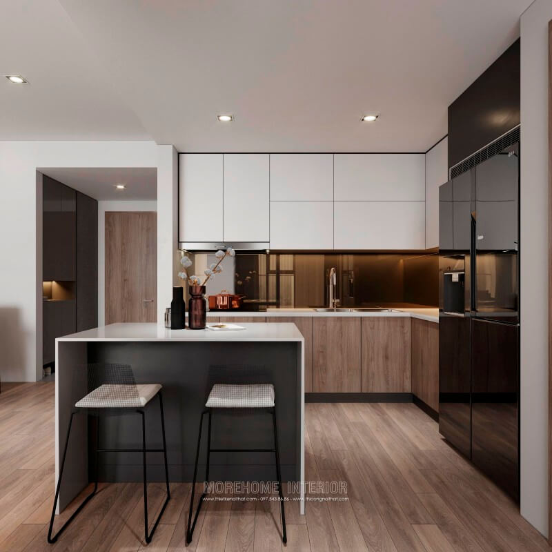 Tủ bếp chung cư gỗ công nghiệp sang trọng, chiếc bàn đảo chính giữa kết hợp bàn ăn phụ tạo sự thuận tiện nhất cho gia chủ Tủ bếp đẹp, sang trọng và đẳng cấp