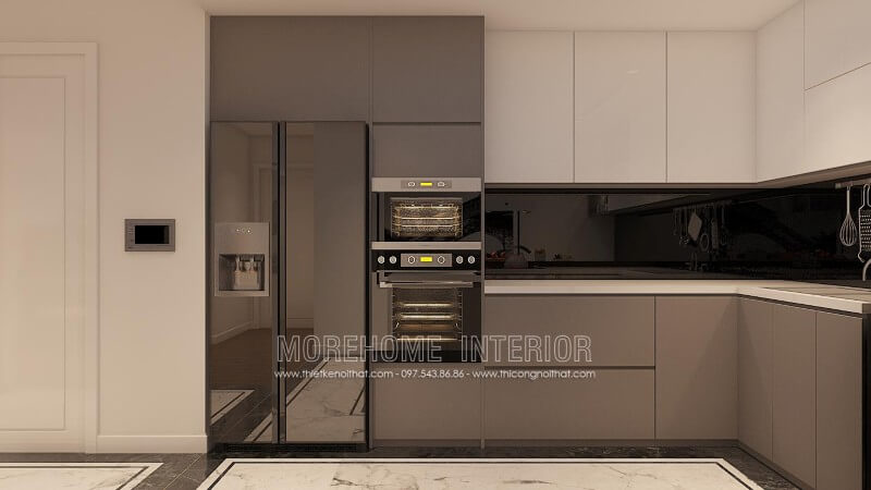 Tủ bếp công nghiệp bóng gương với 2 gam màu đối lập xám - trắng ấn tượng không bao giờ bị lỗi mốt Tủ bếp gỗ công nghiệp và tủ bếp acrylic