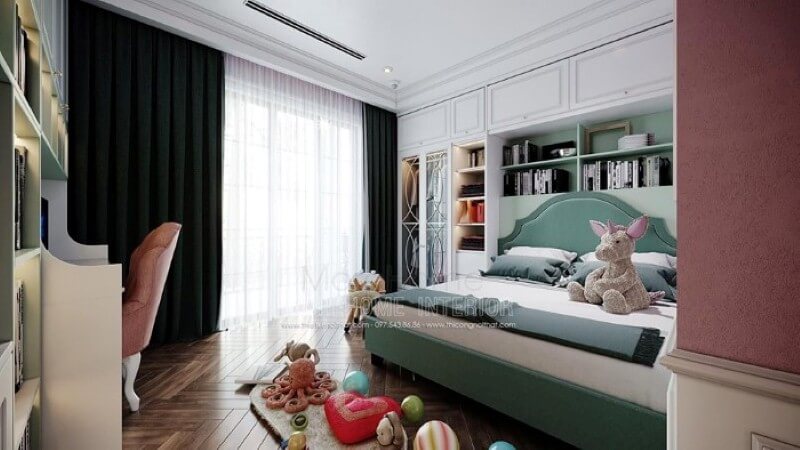 Sắp xếp nội thất phòng ngủ bé gái ấn tượng với bố trí giường ngủ, kệ tủ trang trí khoa học giúp không gian thông thoáng tối đa nhưng vẫn đảm bảo công năng, tính thẩm mỹ. Thiết kế phòng ngủ biệt thự