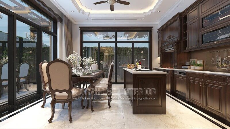 Sự kết hợp hài hòa giữa những đường nét tinh tế của phong cách tân cổ điển và sự trẻ trung, năng động của phong cách hiện đại, tủ bếp gỗ tự nhiên nhập khẩu mang đến không gian sang trọng và đầy tinh tế Tủ bếp gỗ, tủ bếp gỗ tự nhiên, tủ bếp tân cổ điển