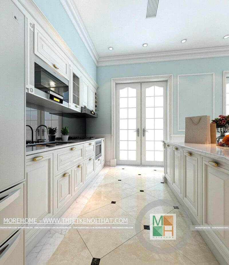 Mẫu tủ bếp gỗ tự nhiên màu trắng với thiết kế tân cổ điển Tủ bếp gỗ, tủ bếp gỗ tự nhiên, tủ bếp tân cổ điển