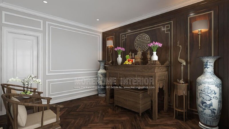 Sắp xếp phòng thờ gỗ óc chó đẹp cho nhà chung cư cao cấp, nhà phố, biệt thự. Thiết kế nội thất biệt thự