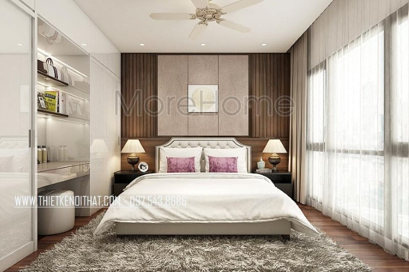 Trang trí nội thất phòng ngủ master sang trọng, độc đáo với giường ngủ hiện đại bọc nệm đẹp, tab đầu giường sắc đen phá cách cùng tường trang trí đẹp mắt. Thiết kế nội thất biệt thự
