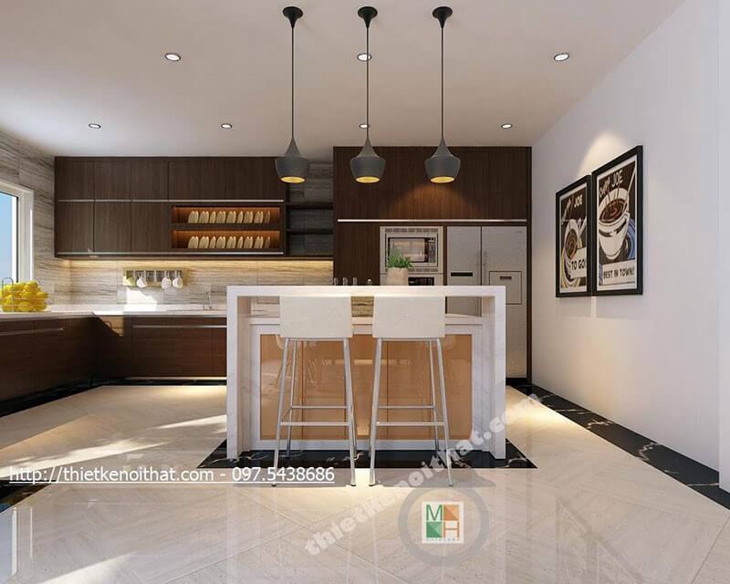 Mẫu tủ bếp gỗ công nghiệp màu nâu với thiết kế dài chữ L cho phòng bếp mang đến sự tiện nghi cho người nội trợ Tủ bếp màu trắng và tủ bếp màu nâu đẹp