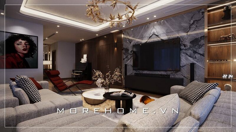 Mẫu thiết kế nội thất phòng khách đẹp với tông màu xám chủ đạo được yêu thích tại MoreHome Thiết kế phòng khách biệt thự