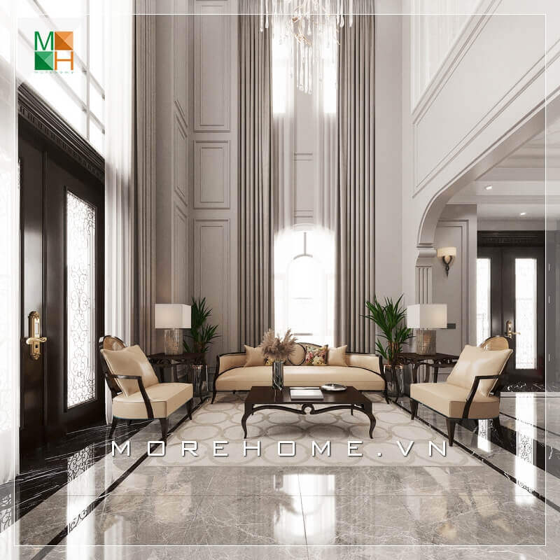 Thiết kế không gian phòng khách tân cổ điển rộng và đẳng cấp với mẫu bàn ghế phòng khách bàn gỗ tự nhiên cao cấp, ghế sofa bọc da sang trọng. Thiết kế phòng khách biệt thự