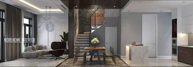 Phối cảnh trang trí hiện đại đẹp cho biệt thự nhà phố với ý tưởng thiết kế phòng khách liền bếp ăn. Thiết kế phòng khách biệt thự