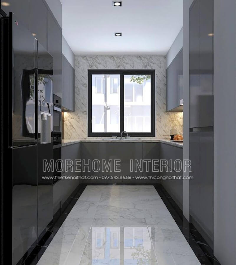 Bố trí phòng bếp với tủ bếp hình chữ U màu xám là một ý tưởng sử dụng tối đa diện tích và có thể lưu trữ những vật dụng phát sinh cần thiết trong sinh hoạt gia đình phù hợp với mọi không gian hiện đại từ chung cư, nhà phố, biệt thự. Tủ bếp gỗ công nghiệp và tủ bếp acrylic