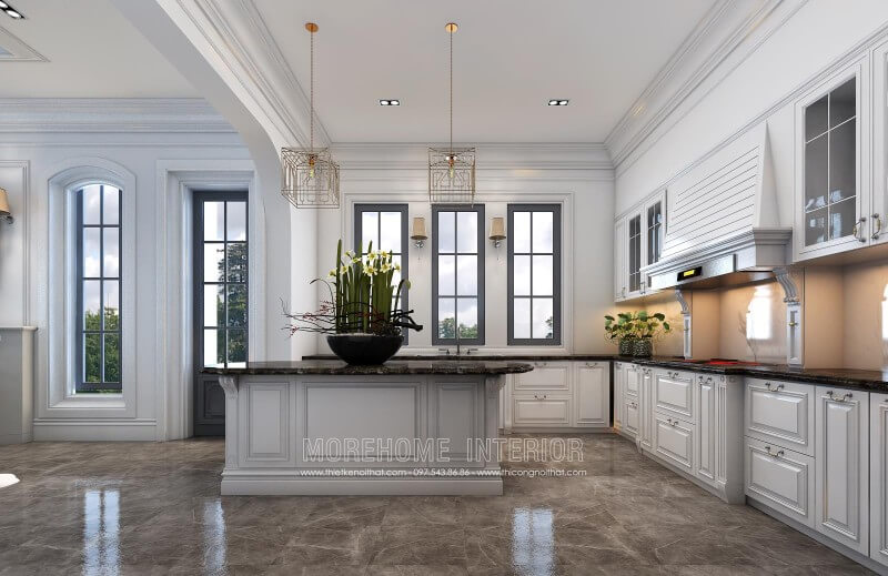 Mẫu tủ bếp gỗ tự nhiên với màu trắng chủ đạo giúp xua tan đi sự u tối mang lại không gian thông thoáng và rộng rãi như nhà bếp biệt thự... Tủ bếp đẹp, tủ bếp đẹp hiện đại, tủ bếp An Cường, tủ bếp cao cấp