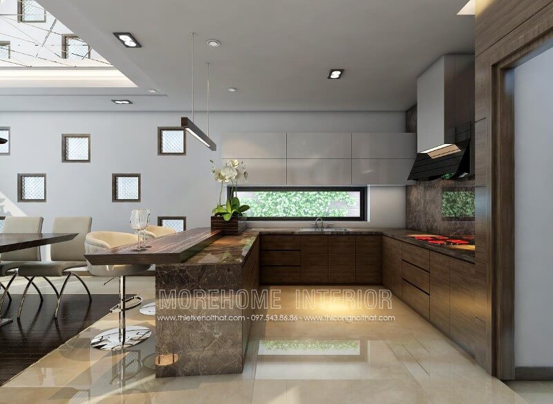 Thiết kế tủ bếp chữ U gỗ công nghiệp kết hợp quầy bar hoặc bàn ăn phụ nhỏ tạo tiện nghi cho người sử dụng Tủ bếp đẹp, tủ bếp đẹp hiện đại, tủ bếp An Cường, tủ bếp cao cấp