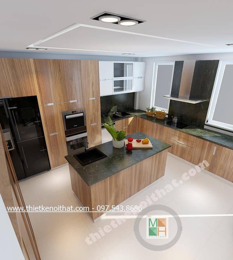 Mẫu tủ bếp gỗ công nghiệp với tone màu nâu sáng hiện đại mang lại không gian thoải mái, sạch sẽ cho người nội trợ Tủ bếp đẹp, tủ bếp đẹp hiện đại, tủ bếp An Cường, tủ bếp cao cấp