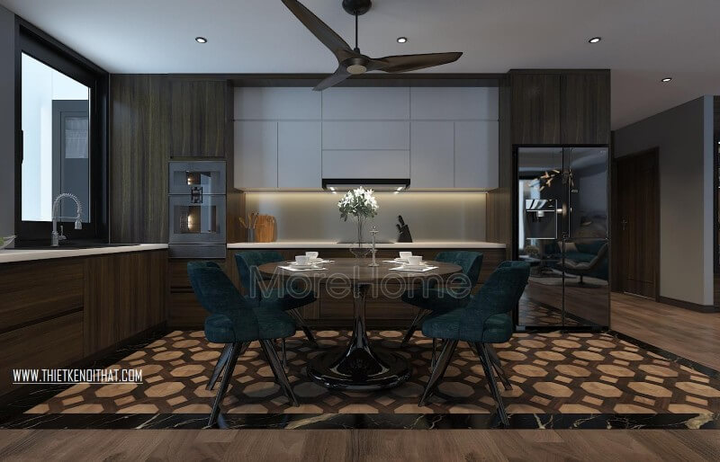 Không gian bếp thiết kế đơn giản, tích hợp nhiều công năng Thiết kế phòng bếp chung cư hiện đại