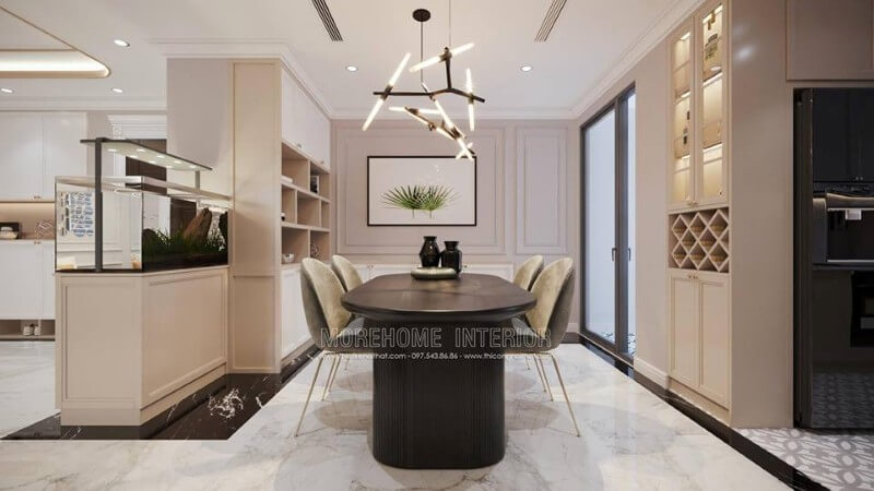 Không gian tận hưởng bữa cơm gia đình được thiết kế lãng mạn với bộ bàn ghế hiện đại, ghế làm bằng nệm nỉ khung sắt chắc chắn và êm ái Mẫu nội thất chung cư đẹp