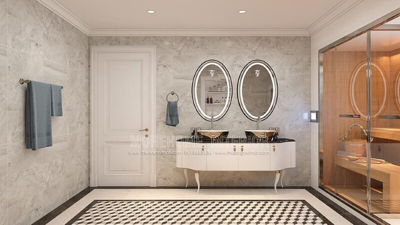 Tủ sơn trắng kết hợp cùng tay nắm mạ vàng tạo điểm nhấn ấn tượng cho phòng tắm tân cổ điển cao cấp. Mẫu nội thất chung cư đẹp