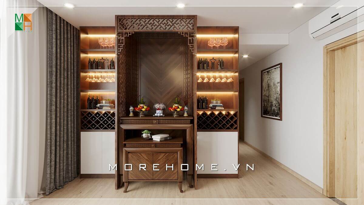 Màu sắc trầm ấm cùng những đường nét trạm trổ của gỗ óc chó giúp tôn lên sự trang nghiêm, tôn kính trong không gian thờ cúng của gia chủ Mẫu nội thất biệt thự tân cổ điển, hiện đại đẹp
