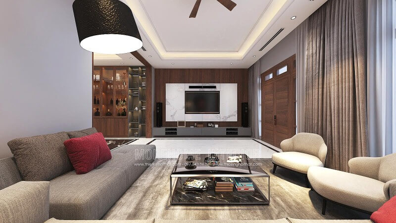 Thiết kế tường phòng khách đẹp với điểm nhấn từ đá trắng vân mây kết hợp cùng gỗ ốp tường cao cấp. Thiết kế phòng khách nhà phố