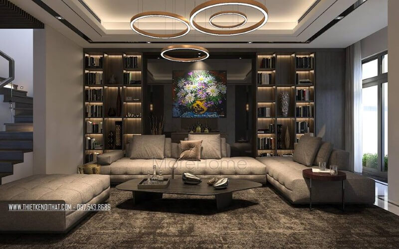 Sofa hiện đại màu xám cao cấp sang trọng tạo điểm nhấn ấn tượng cho phòng khách rộng, lớn. Thiết kế phòng khách nhà phố