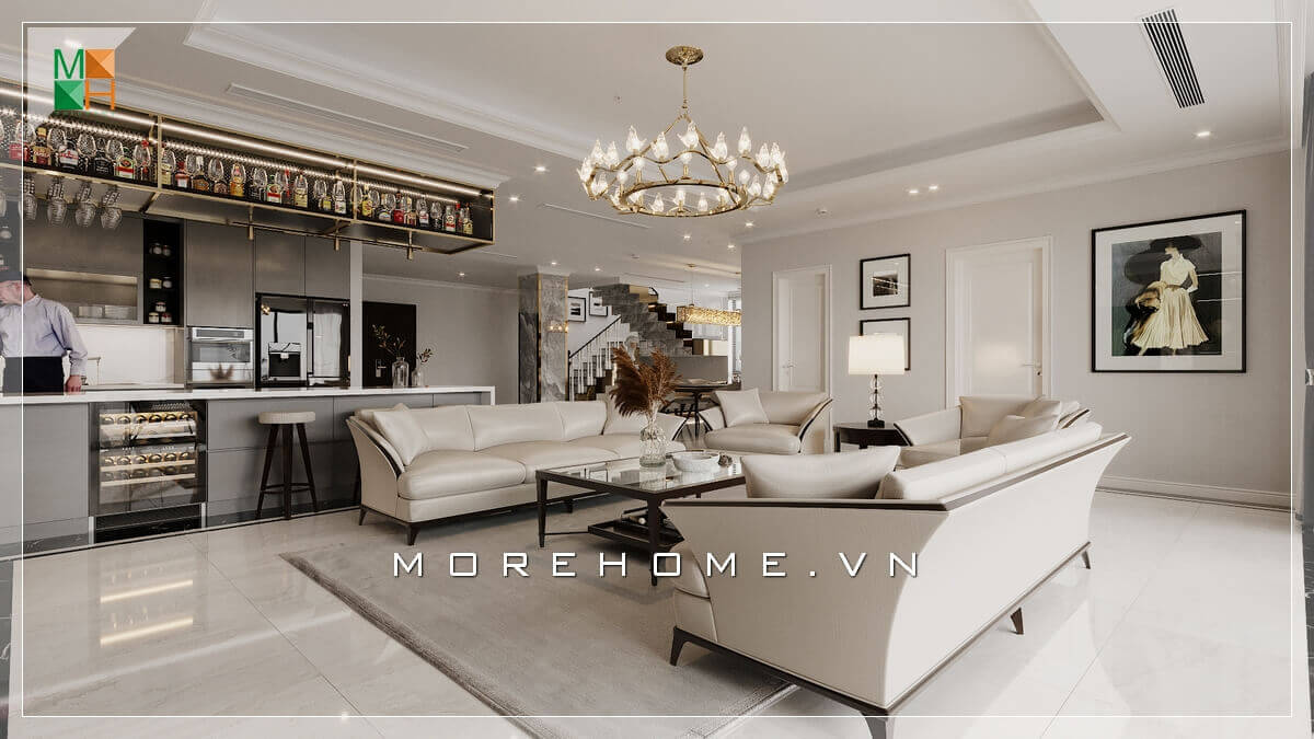 Với tone màu trắng chủ đạo thì bộ bàn ghế sofa cao cấp màu trắng là một sự kết hợp hoàn hảo tạo nên một không gian phòng khách sang trọng và tiện nghi, Thiết kế phòng khách nhà phố