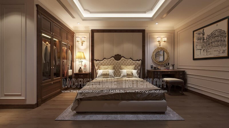 Mẫu giường ngủ gỗ óc chó kiểu dáng tân cổ điển này được trạm khắc tinh tế, đường cong đẹp mỹ miều. Thân giường và đầu giường được bọc da nhập khẩu màu kem ấn tượng thiết kế phòng ngủ