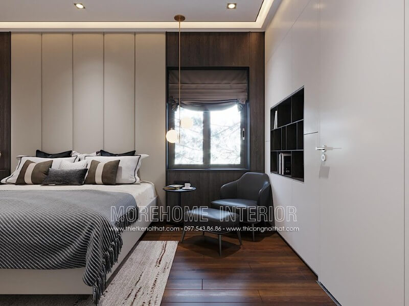 Cửa sổ cùng rèm chắn được thiết kế ngay đầu giường giúp không gian ngủ luôn được thông thoáng những vẫn giữ được sự kín đáo cần thiết. thiết kế phòng ngủ