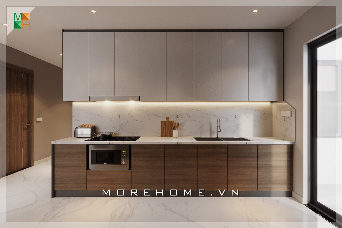 Mẫu thiết kế hệ tủ bếp chữ I bằng gỗ công nghiệp nhiều ngăn, giúp lưu trữ và tìm kiếm đồ thực phẩm một cách dễ dàng khoa học, phù hợp chung cư, nhà phố, biệt thự hiện đại tủ bếp chung cư