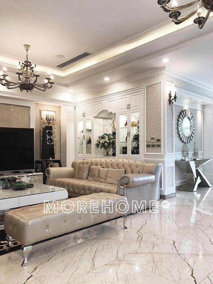 Không gian phòng khách biệt thự kiểu Pháp lấy tông màu trắng be làm chủ đạo Mẫu nội thất biệt thự tân cổ điển đẹp
