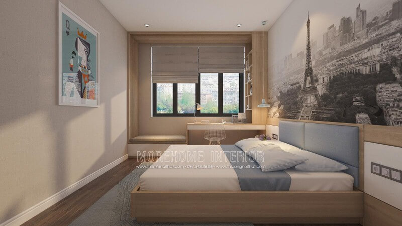 Bố trí nội thất phòng ngủ với ý tưởng tập trung vào công năng từ góc làm việc, học tập và giảm thiểu tối đa chi tiết không hữu hiệu như tivi và thay vào đó là tranh treo tường in canvas nghệ thuật đẹp mắt. Thiết kế phòng ngủ biệt thự