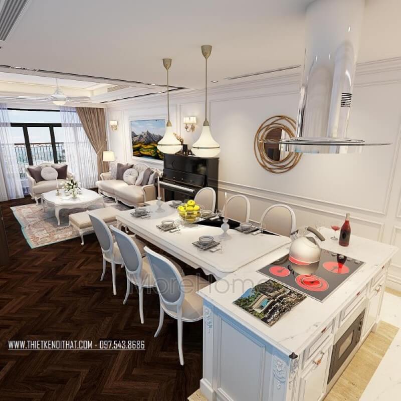 Tủ bếp tân cổ điển với những đường nét chạm khắc tinh tế, kết hợp nội thất nhà bếp hiện đại mang lại sự thuận tiện cho quá trình nấu nướng cho gia chủ Tủ bếp gỗ, tủ bếp gỗ tự nhiên, tủ bếp tân cổ điển