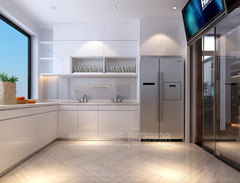 Tủ bếp chữ L hiện đại được thiết kế âm tường giúp tiết kiệm tối đa diện tích cho không gian nhà nhỏ Tủ bếp gỗ, tủ bếp gỗ tự nhiên, tủ bếp tân cổ điển