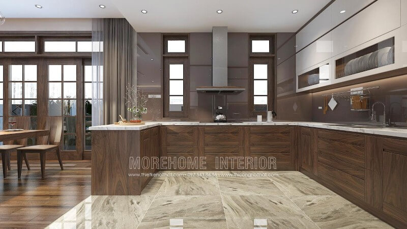Thiết kế tủ bếp biệt thự cao cấp với gỗ óc chó chủ đạo kết hợp gỗ công nghiệp Acrylic nhẹ nhàng, phần mặt bếp được ốp đá nhân tạo vân mây tạo nên một không gian hoàn mỹ, sang trọng và vô cùng sạch sẽ Tủ bếp gỗ, tủ bếp gỗ tự nhiên, tủ bếp tân cổ điển