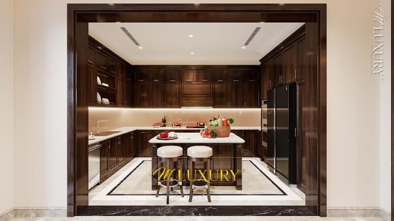 Bố trí không gian phòng bếp biệt thự tân cổ điển tinh tế