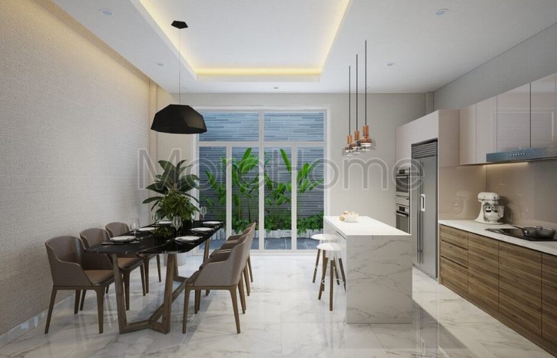 Bộ bàn ghế ăn gỗ tự nhiên tông màu nâu sáng bọc da cho phòng bếp đẹp, ấm cúng