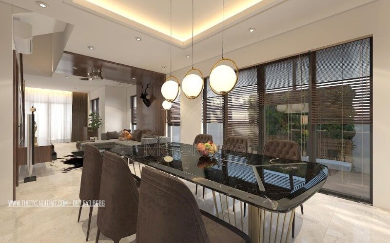 Mẫu bàn ăn đẹp được thiết kế đơn giản, phần mặt bàn sử dụng ốp đá tự nhiên tạo nên cảm giác sang trọng và sạch sẽ hơn