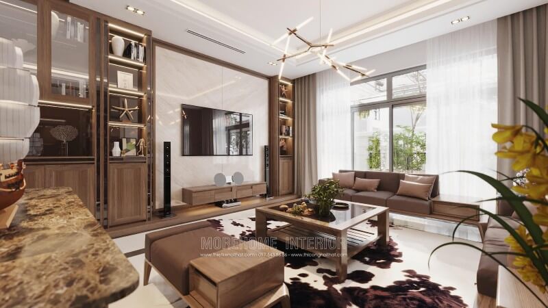 Trang trí nội thất phòng khách ấn tượng, gam màu nâu chủ đạo nhẹ nhàng gợi cảm giác sang trọng và đẳng cấp cho chủ nhân ngôi nhà