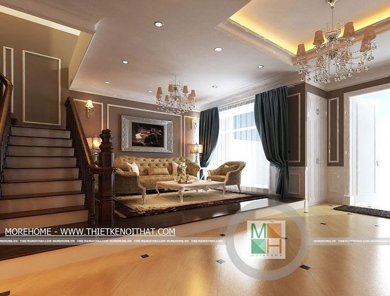 Thiết kế nội thất phòng khách với những chi tiết từ tranh ảnh, đèn tạo nét tân cổ điển ấn tượng, sang trọng hơn cho căn phòng