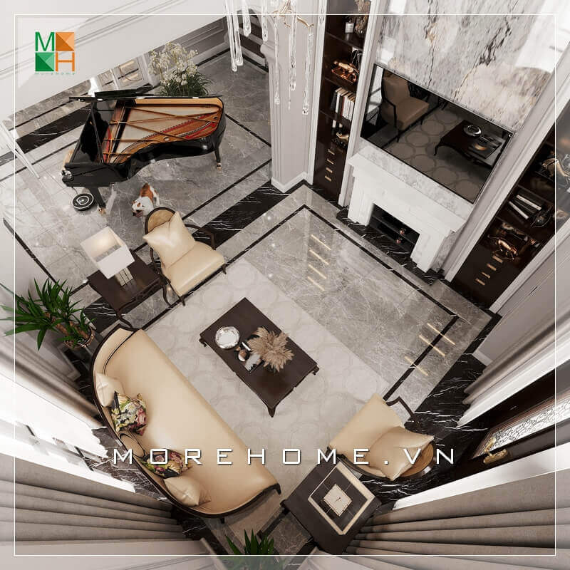 Mẫu thiết kế phòng khách cao cấp, đặt piano ngay trong phòng khách là sự lựa chọn của nhiều gia đình làm tăng thêm vẻ sang trọng cho không gian phòng khách đẹp.