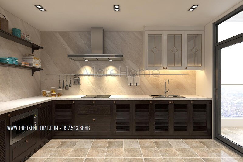 Phòng bếp đa năng với hệ tủ gỗ tự nhiên màu nâu đậm và tủ gỗ công nghiệp màu trắng thiết kế hiện đại, phù hợp không gian