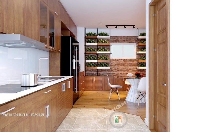 Mẫu thiết kế nội thất phòng bếp chung cư nhỏ gọn tiện nghi với đồ nội thất gỗ hiện đại cao cấp và tận dụng tối đa ánh sáng tự nhiên