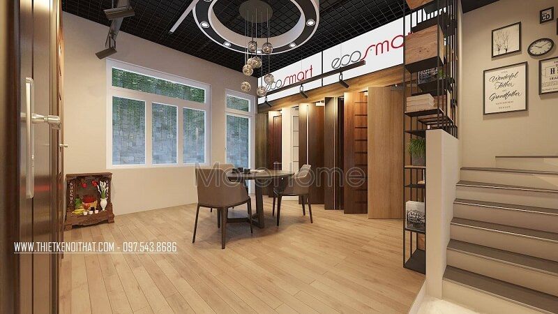 Mẫu thiết kế nội thất showroom trưng bày sản phẩm cửa gỗ hiện đại với tông màu gỗ vàng sáng chủ đạo kết hợp nội thất gỗ đơn giản, tinh tế.