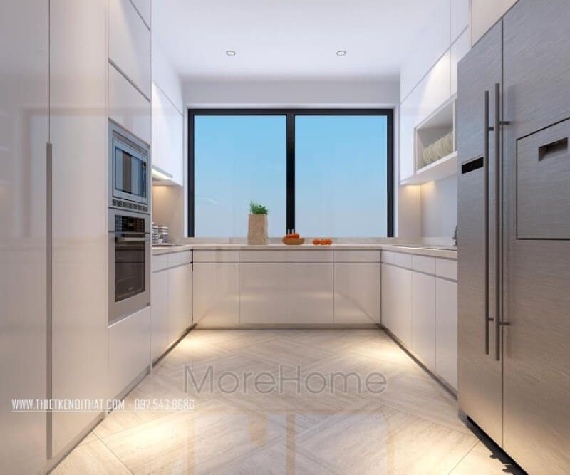 Mẫu tủ bếp chữ U tích hợp nhiều ưu điểm nổi bật, thuận lợi cho chị em nội trợ trổ tài nấu những món ăn ngon, tạo ra nhiều khoảng không gian lưu trữ giúp ăn bếp luôn gọn gàng, ngăn nắp hơn