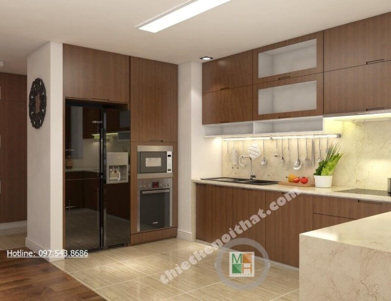 Tủ bếp hiện đại kết hợp tủ bát và kệ gia vị đem đến một phòng bếp đầy đủ công năng