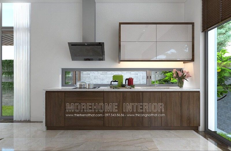 Tủ bếp gỗ tự nhiên nhập khẩu được thiết kế chữ i đơn giản hay không cầu kỳ mà vẫn phải đáp ứng đầy đủ công năng sử dụng, thỏa mãn tính thẩm mỹ lại rất gọn gàng bắt mắt, thể hiện đẳng cấp của gia chủ