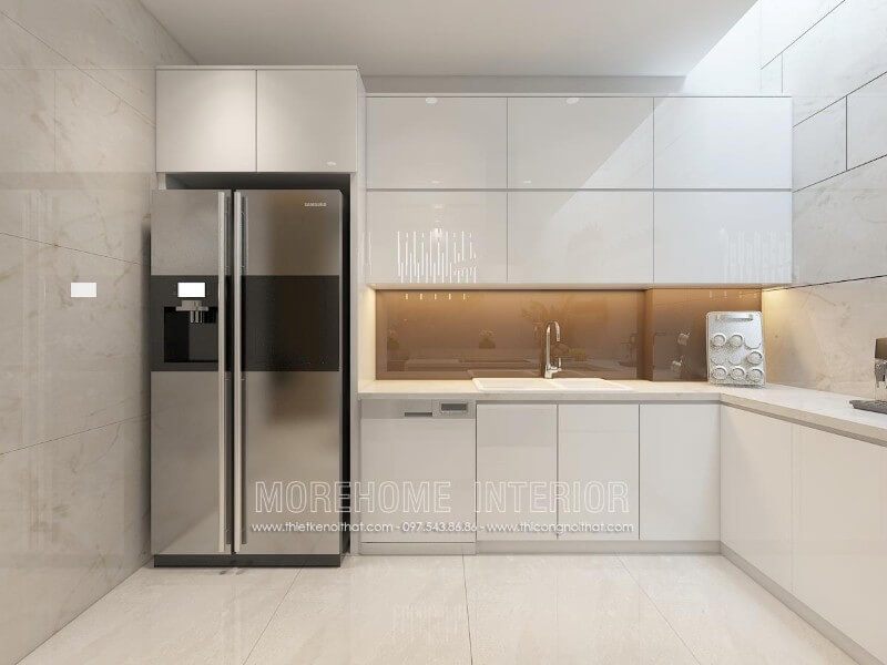 Mẫu thiết kế tủ bếp gỗ công nghiệp ấn tượng đúng ý của gia chủ được hoàn thiện bởi Morehome.