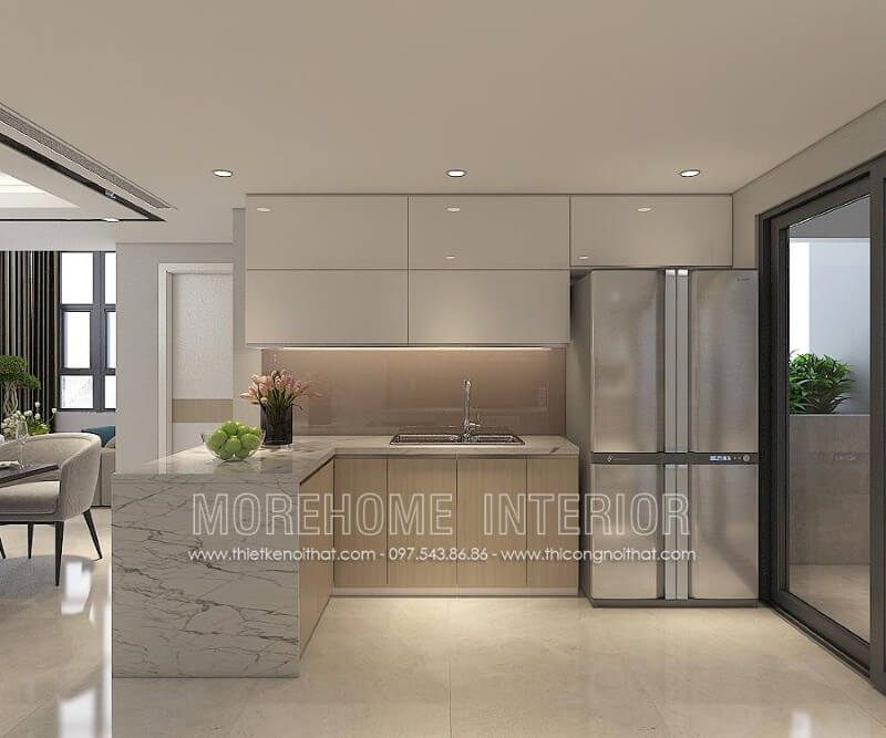 Tủ bếp đẹp đầy ấn tượng, tủ bếp treo phía trên sử dụng chất liệu gỗ Acrylic màu trắng tinh tế, tạo điểm nhấn lạ mắt cho không gia này, ở phía tủ bếp dưới, KTS lựa chọn gam màu vàng nhạt bằng chất liệu gỗ Melamine tạo nên không gian sang trọng tinh tế hơn