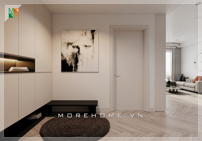 Thiết kế chung cư sáng tạo có thêm khu để đồ sinh hoạt chung treo thêm một bức tranh cùng họa tiết đen trắng thống nhất với nội thất của ngôi nhà