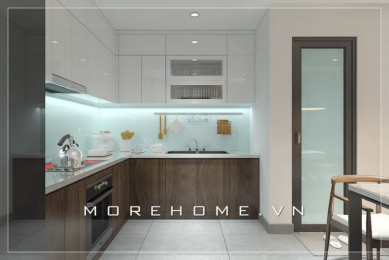 Thiết kế nội thất phòng bếp gỗ công nghiệp hiện đại cùng hệ thống thiết bị bếp đầy đủ tạo nên không gian tiện lợi cho người nội trợ