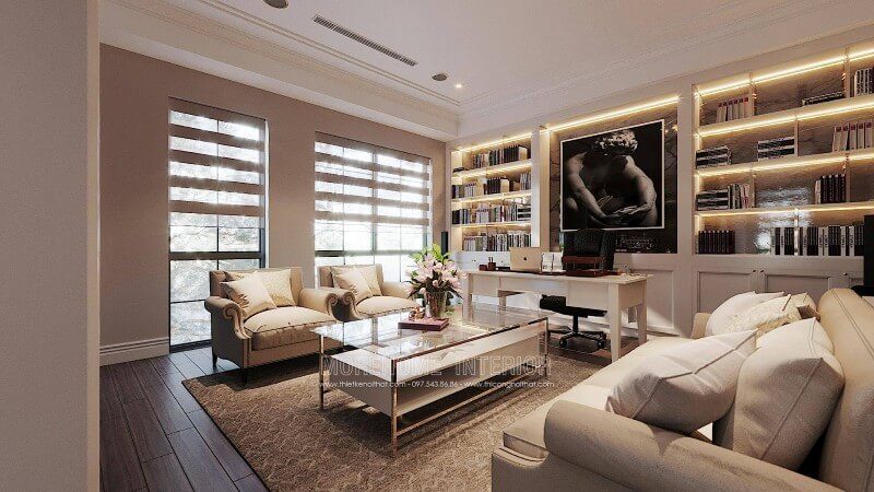 Thiết kế tủ sách gỗ hiện đại có gắn đèn led đẹp sang trọng cho phòng làm việc tại nhà ở biệt thự ciputra