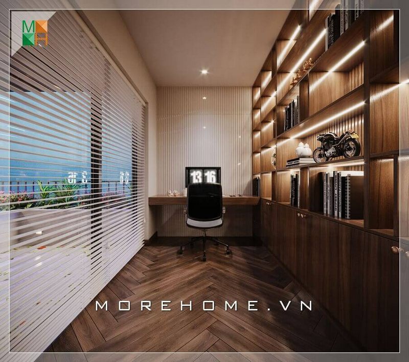 Sự đồng điệu từ sàn gỗ, bàn làm việc, đến kệ sách bằng gỗ óc chó tự nhiên cao cấp mang đến vẻ đẹp đẳng cấp, sang trọng cho không gian phòng làm việc
