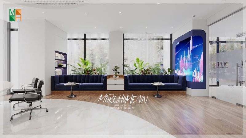 Sofa văng bọc nỉ màu xanh coban hiện đại đón tiếp khách tới công ty chu đáo thể hiện sự tinh tế.